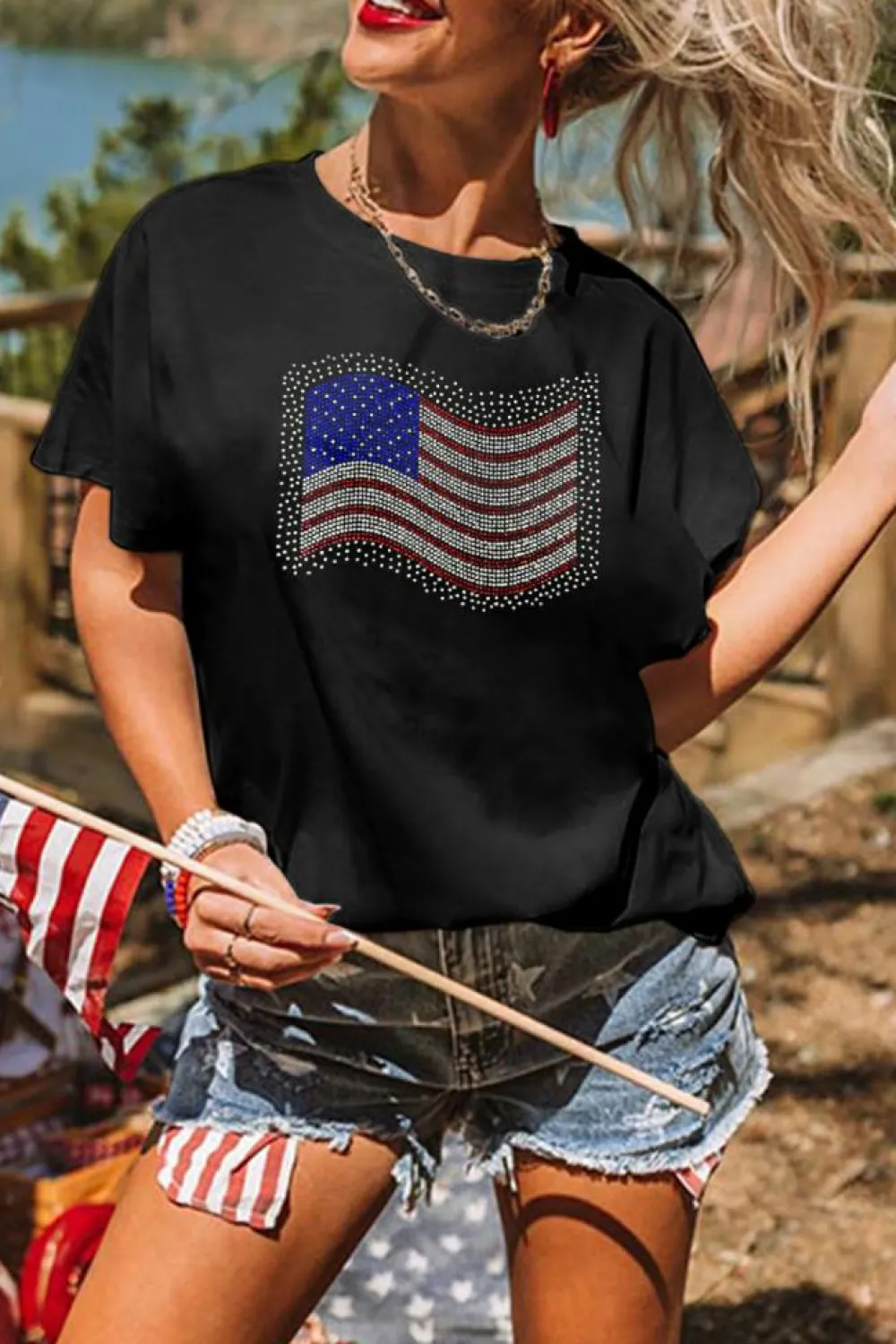 Clearance Dear-Lover Rhinestone American Flag Casual Round Neck Tee Black
