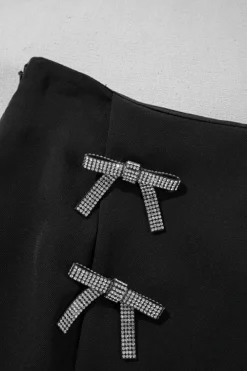 Hot Dear-Lover Rhinestone Bow Wrap High Waist Mini Skirt Black