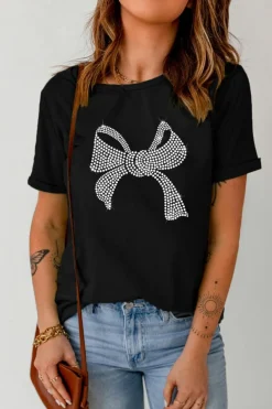 Clearance Dear-Lover Rhinestone Bowknot Graphic Crewneck T Shirt Black