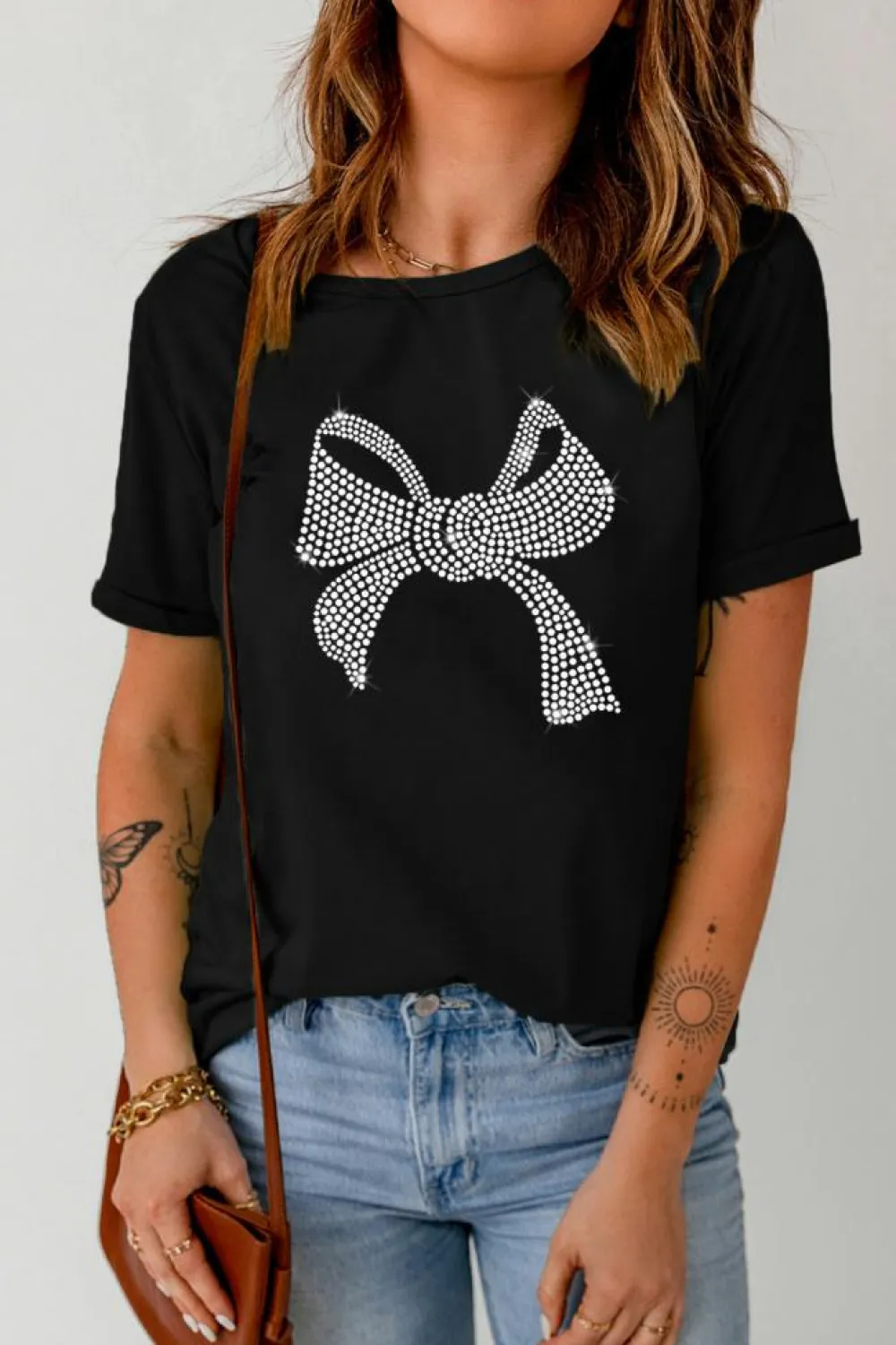 Clearance Dear-Lover Rhinestone Bowknot Graphic Crewneck T Shirt Black