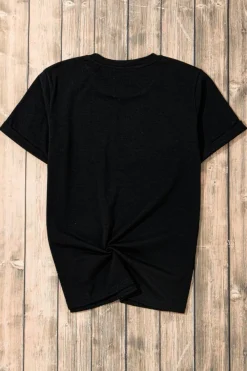 Clearance Dear-Lover Rhinestone Bowknot Graphic Crewneck T Shirt Black
