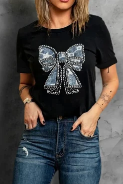 Hot Dear-Lover Rhinestone Bowknot Graphic Crewneck T Shirt Black