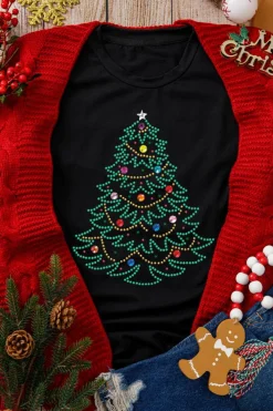 Online Dear-Lover Rhinestone Christmas Tree Round Neck Graphic Tee Black