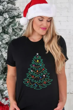 Online Dear-Lover Rhinestone Christmas Tree Round Neck Graphic Tee Black