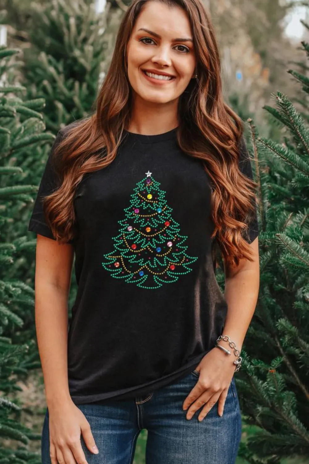 Online Dear-Lover Rhinestone Christmas Tree Round Neck Graphic Tee Black