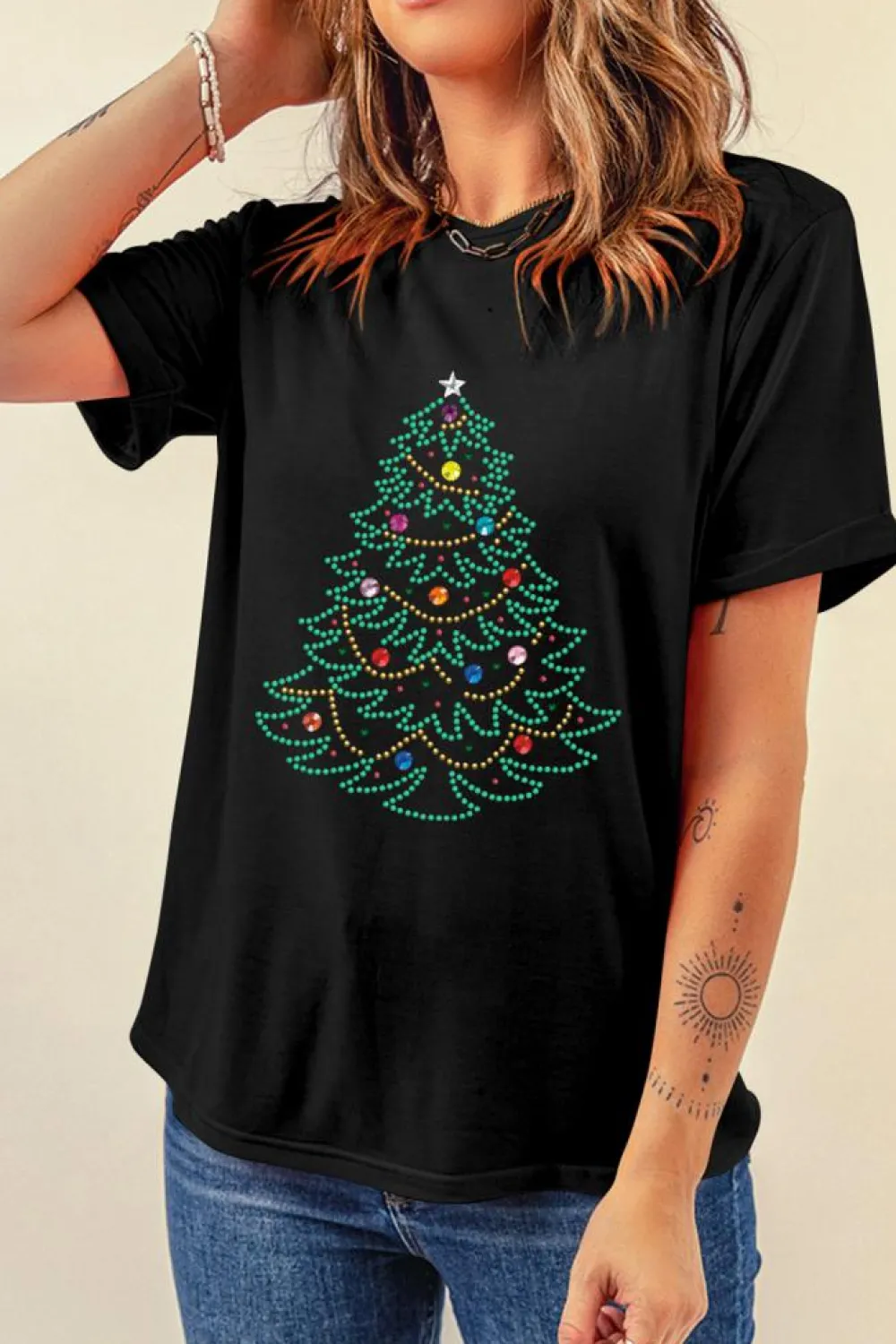 Online Dear-Lover Rhinestone Christmas Tree Round Neck Graphic Tee Black