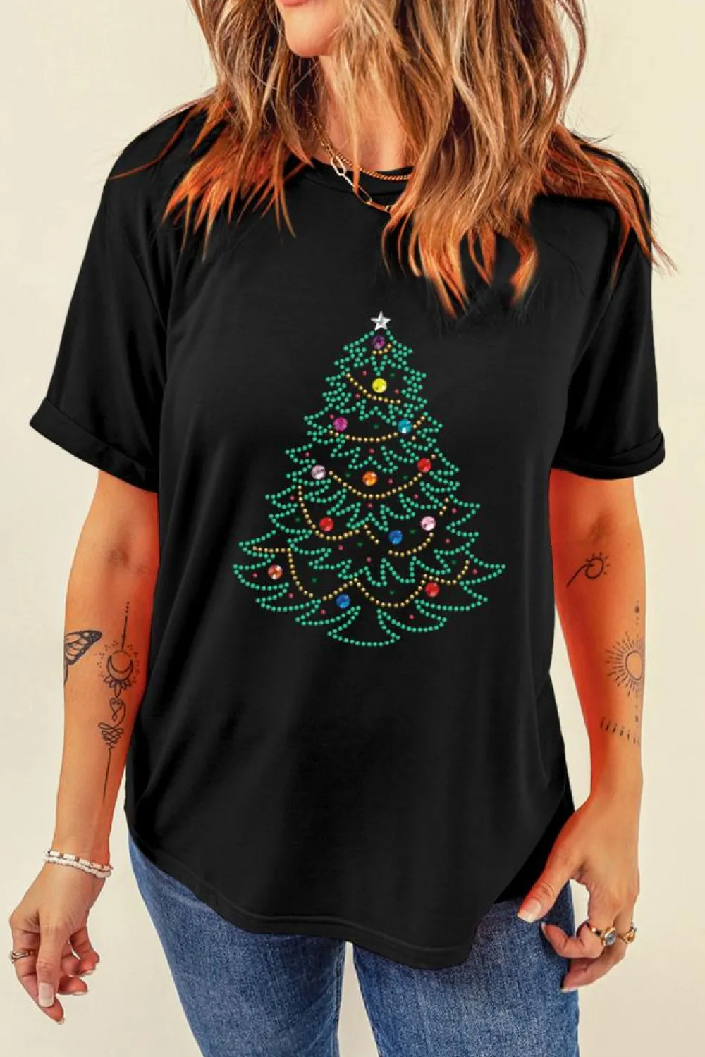 Online Dear-Lover Rhinestone Christmas Tree Round Neck Graphic Tee Black