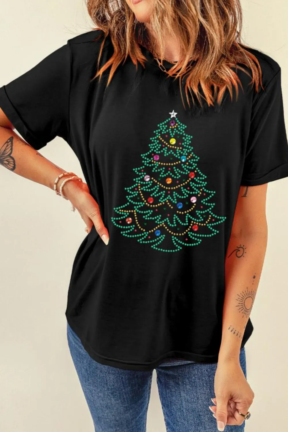 Online Dear-Lover Rhinestone Christmas Tree Round Neck Graphic Tee Black