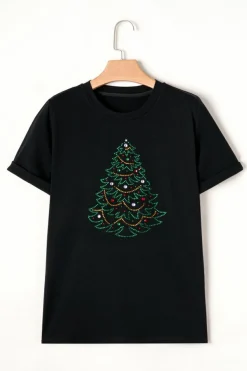 Online Dear-Lover Rhinestone Christmas Tree Round Neck Graphic Tee Black