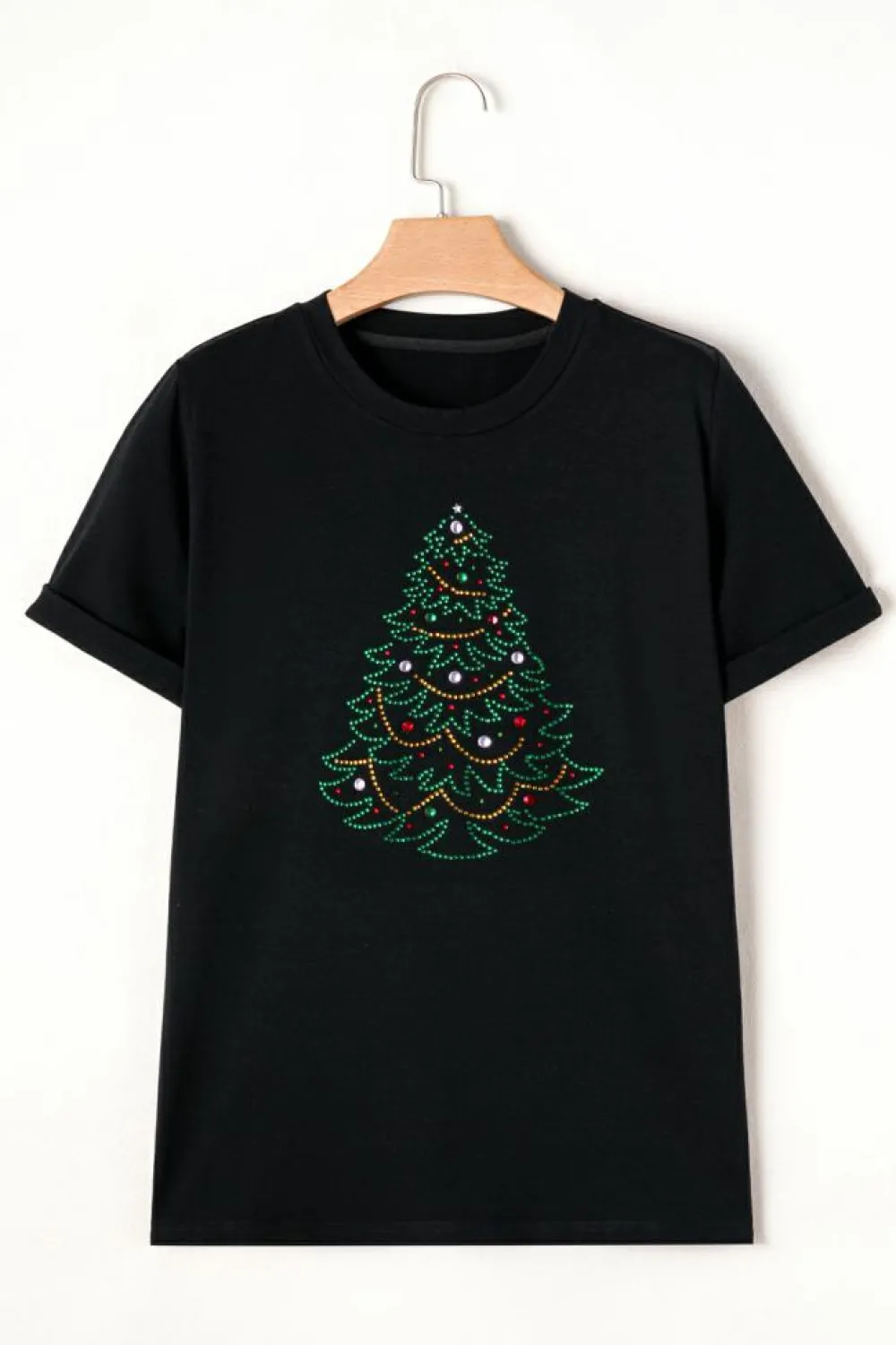 Online Dear-Lover Rhinestone Christmas Tree Round Neck Graphic Tee Black