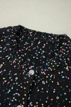 Fashion Dear-Lover Rhinestone Decor Multicolor Confetti Sweater Cardigan Black