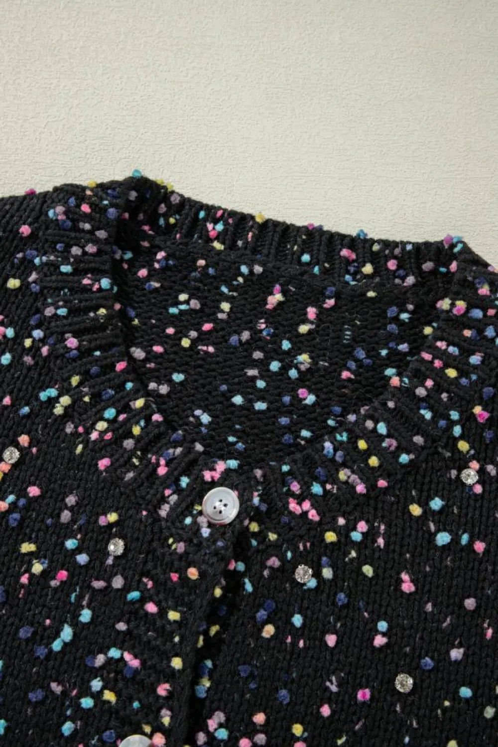 Fashion Dear-Lover Rhinestone Decor Multicolor Confetti Sweater Cardigan Black
