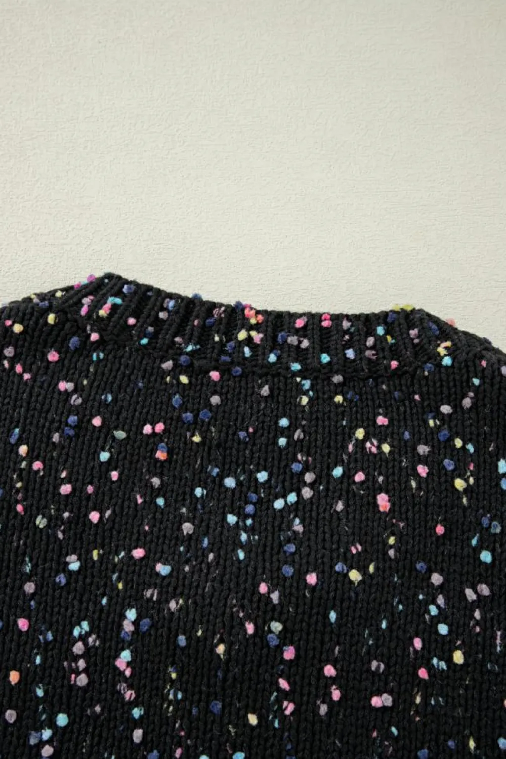 Fashion Dear-Lover Rhinestone Decor Multicolor Confetti Sweater Cardigan Black