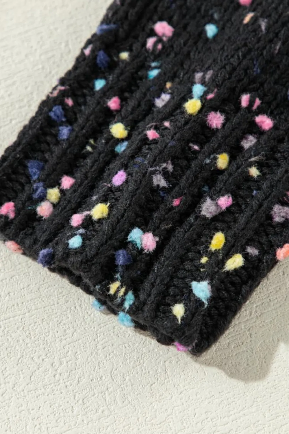 Fashion Dear-Lover Rhinestone Decor Multicolor Confetti Sweater Cardigan Black