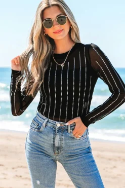 Sale Dear-Lover Rhinestone Decor Striped Mesh Long Sleeve Bodysuit Black
