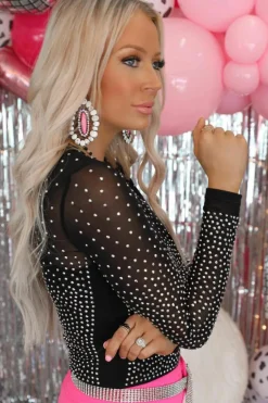 Fashion Dear-Lover Rhinestone Embellished Mesh Long Sleeve Bodysuit Black