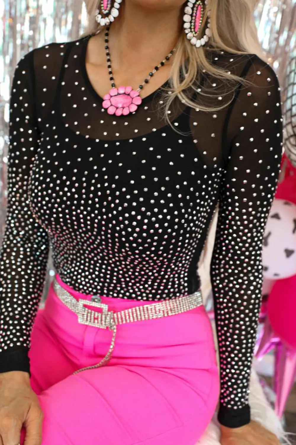Fashion Dear-Lover Rhinestone Embellished Mesh Long Sleeve Bodysuit Black