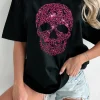 Best Dear-Lover Rhinestone Leopard Skull Graphic Crewneck Casual T Shirt Black