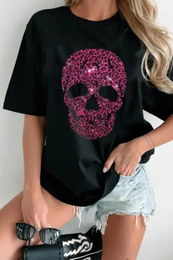Best Dear-Lover Rhinestone Leopard Skull Graphic Crewneck Casual T Shirt Black