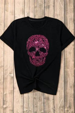 Best Dear-Lover Rhinestone Leopard Skull Graphic Crewneck Casual T Shirt Black