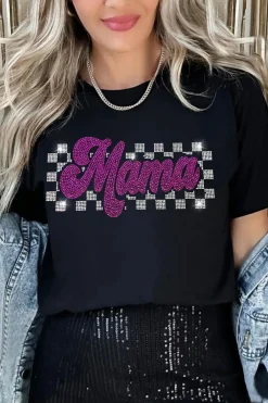 Sale Dear-Lover Rhinestone Mama Letter Graphic T Shirt Black