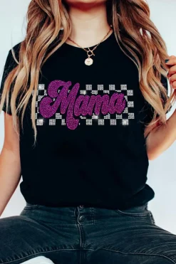 Sale Dear-Lover Rhinestone Mama Letter Graphic T Shirt Black