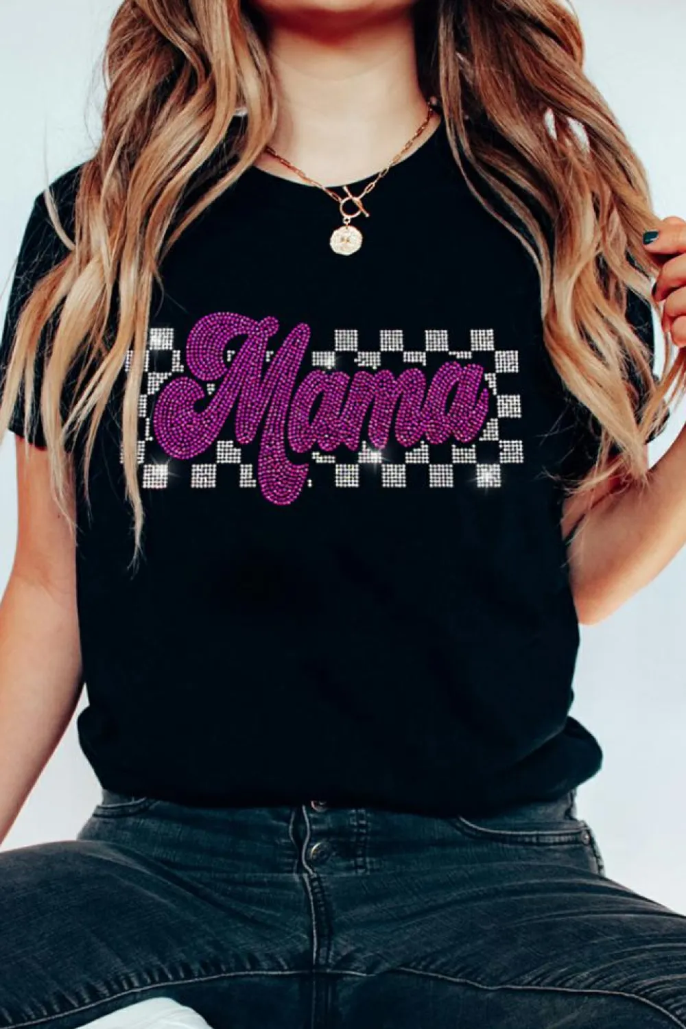 Sale Dear-Lover Rhinestone Mama Letter Graphic T Shirt Black