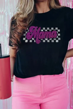 Sale Dear-Lover Rhinestone Mama Letter Graphic T Shirt Black