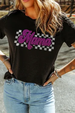 Sale Dear-Lover Rhinestone Mama Letter Graphic T Shirt Black