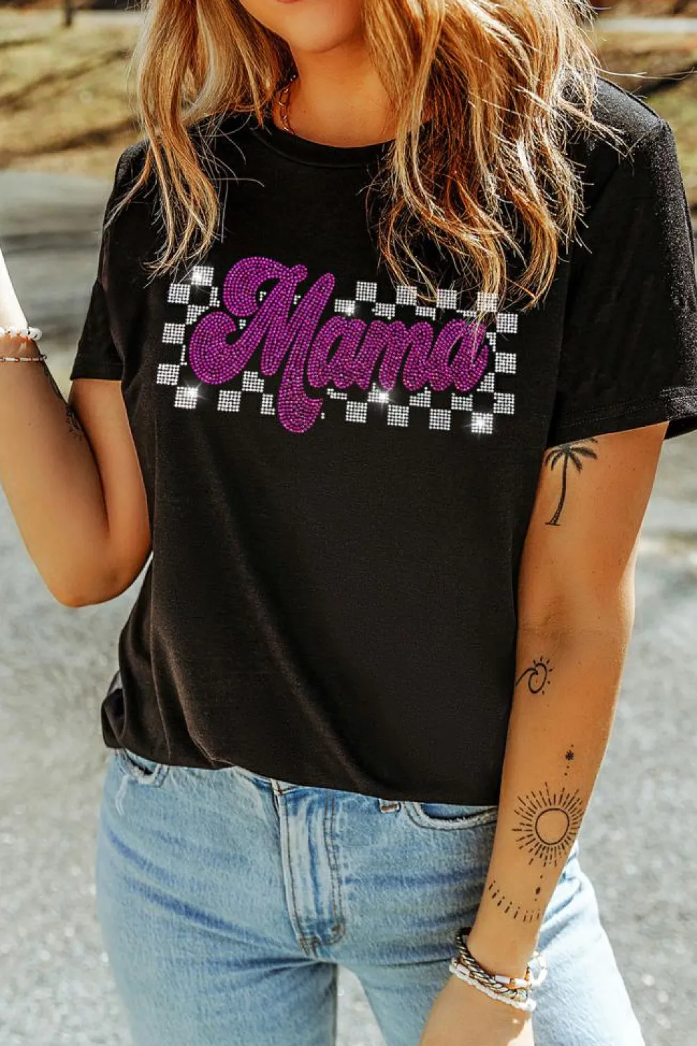 Sale Dear-Lover Rhinestone Mama Letter Graphic T Shirt Black