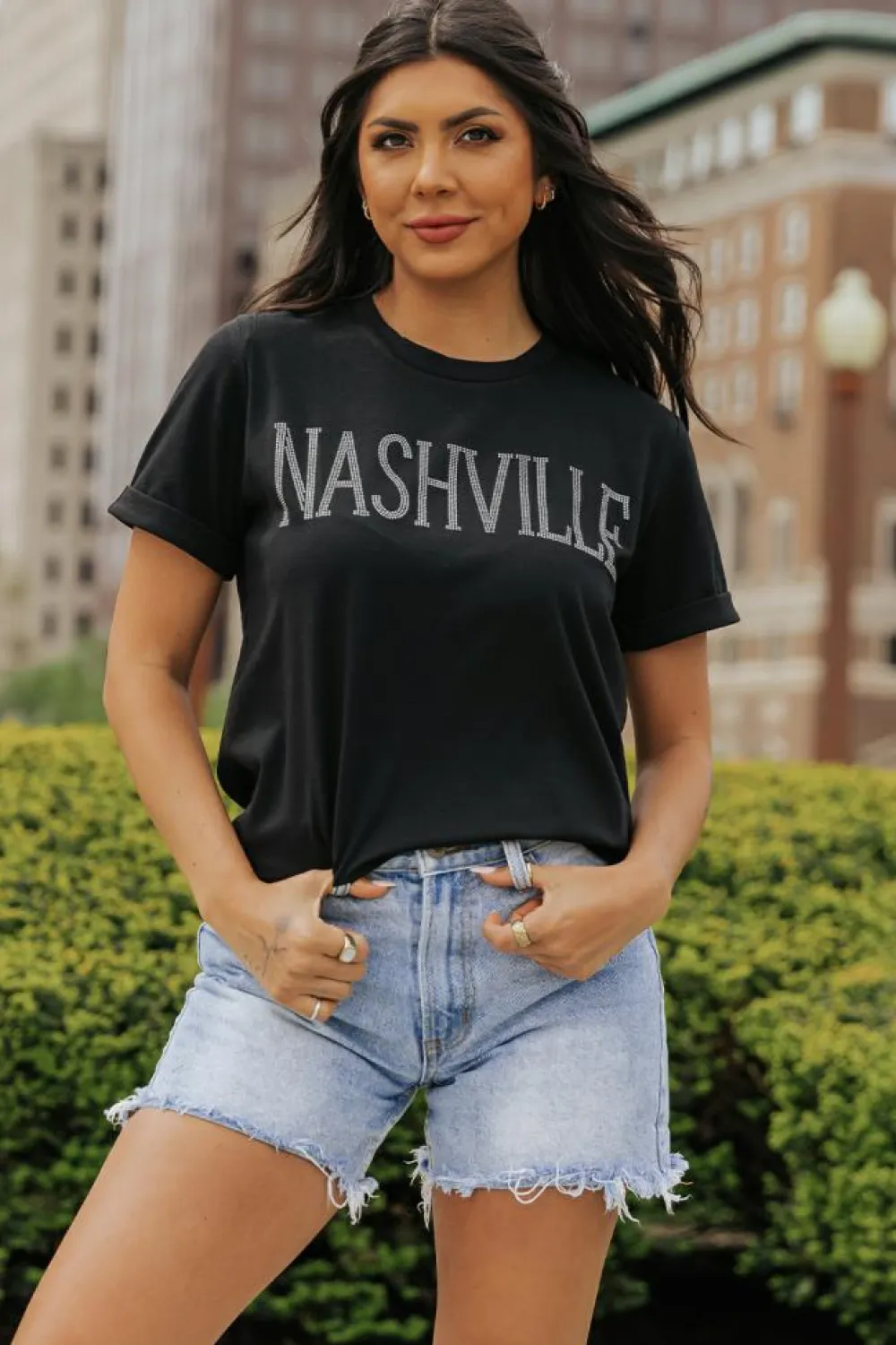 Clearance Dear-Lover Rhinestone NASHVILLE Graphic Crewneck T Shirt Black