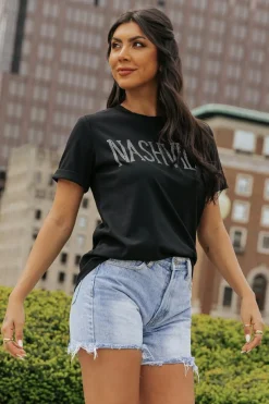 Clearance Dear-Lover Rhinestone NASHVILLE Graphic Crewneck T Shirt Black