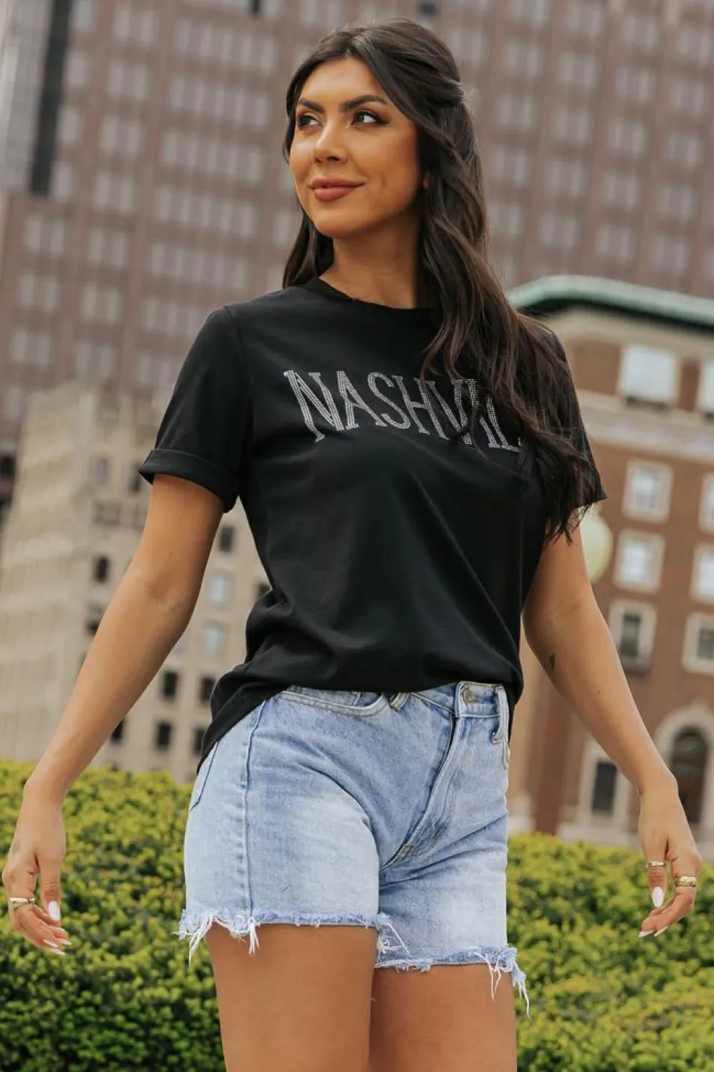 Clearance Dear-Lover Rhinestone NASHVILLE Graphic Crewneck T Shirt Black