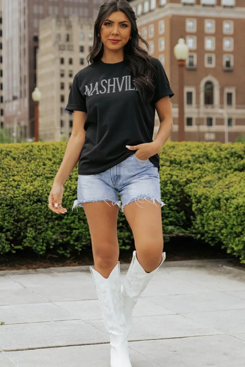 Clearance Dear-Lover Rhinestone NASHVILLE Graphic Crewneck T Shirt Black