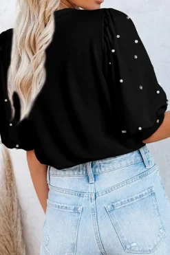 Sale Dear-Lover Rhinestone Pearl Puff Half Sleeve Top Black