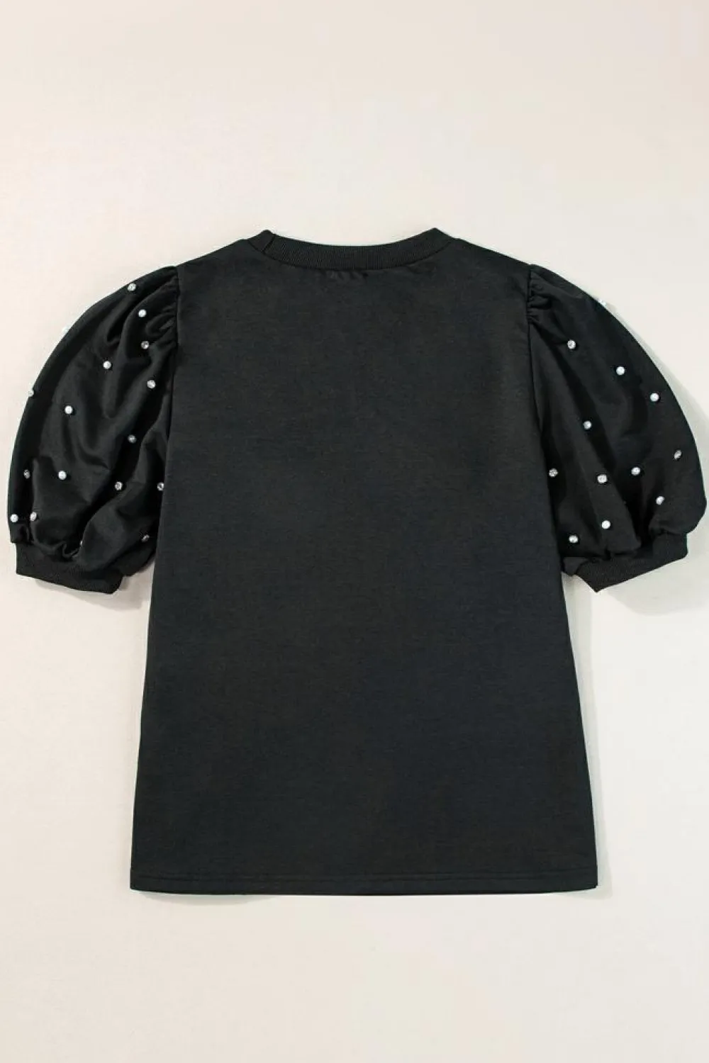 Sale Dear-Lover Rhinestone Pearl Puff Half Sleeve Top Black