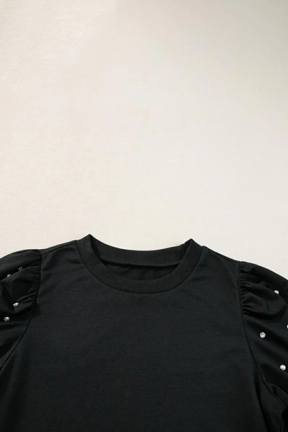 Sale Dear-Lover Rhinestone Pearl Puff Half Sleeve Top Black