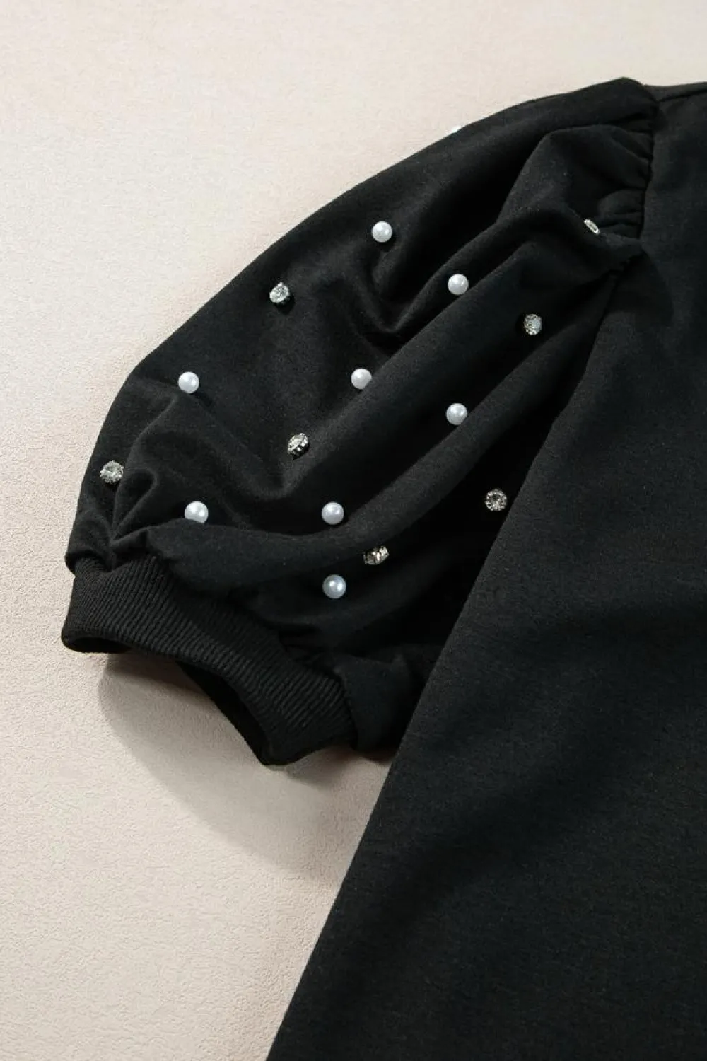 Sale Dear-Lover Rhinestone Pearl Puff Half Sleeve Top Black