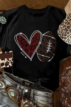 Hot Dear-Lover Rhinestone Rugby Football Heart Shape Graphic T Shirt Black