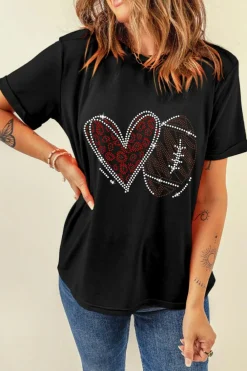 Hot Dear-Lover Rhinestone Rugby Football Heart Shape Graphic T Shirt Black