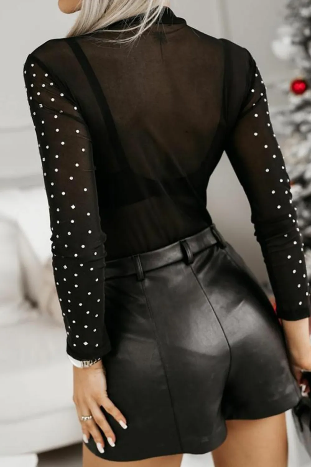 Online Dear-Lover Rhinestone Sheer Mesh Long Sleeve Bodysuit Black