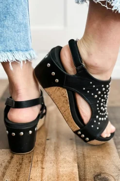 Hot Dear-Lover Rhinestone Stud Hollow Out Wedge Sandals Black