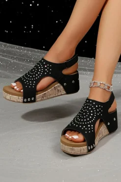 Hot Dear-Lover Rhinestone Stud Hollow Out Wedge Sandals Black