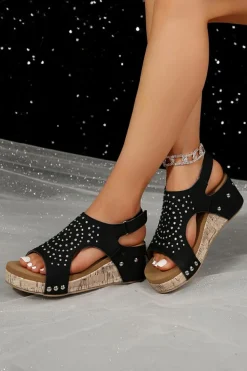 Hot Dear-Lover Rhinestone Stud Hollow Out Wedge Sandals Black