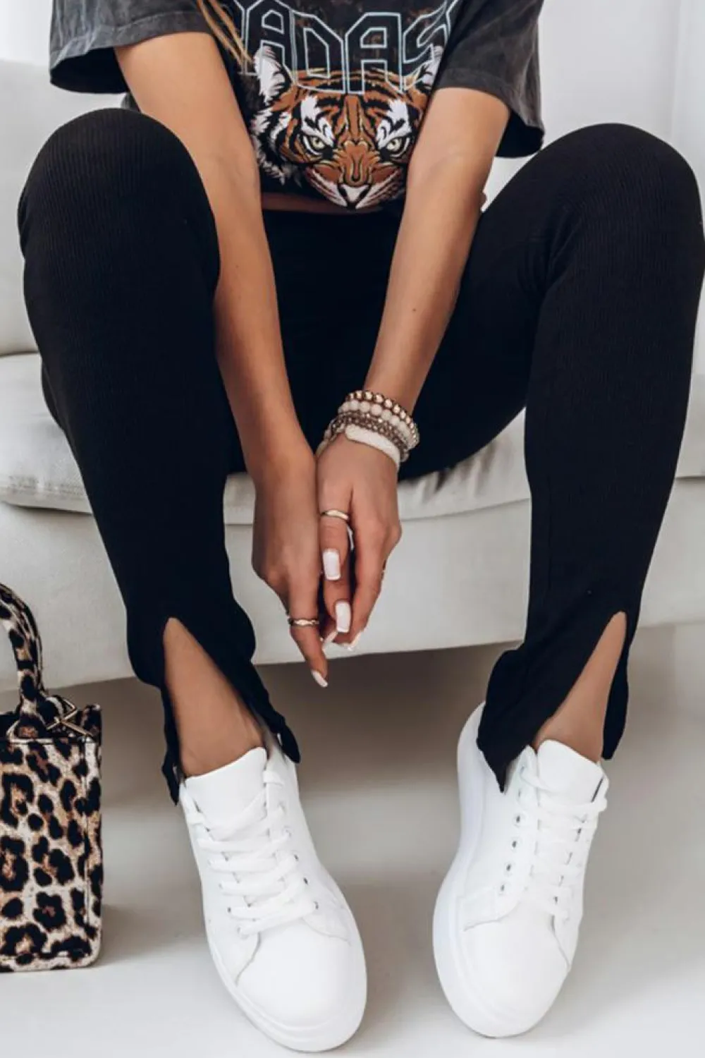 New Dear-Lover Rib Knit High Waist Slit Leggings Black