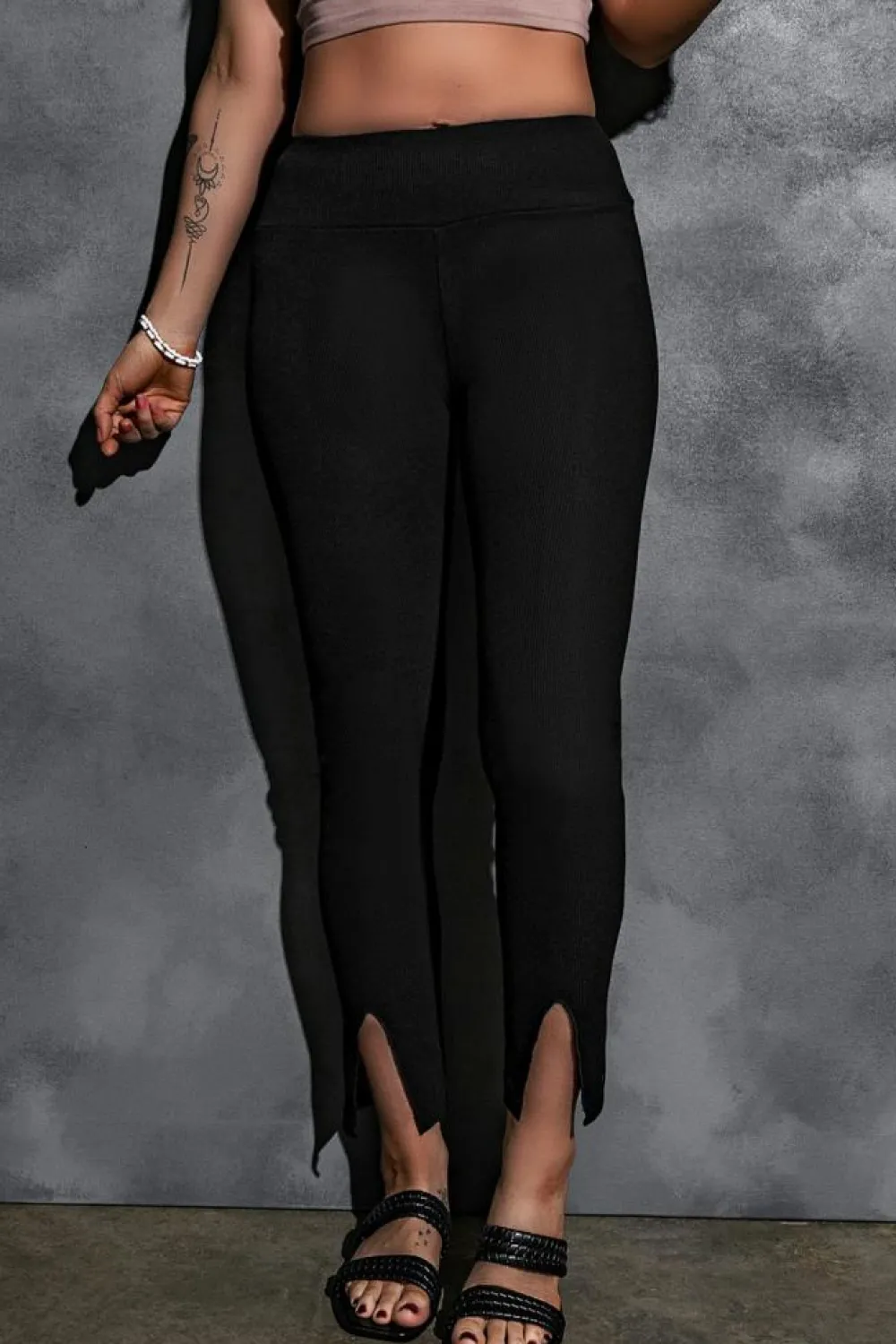 New Dear-Lover Rib Knit High Waist Slit Leggings Black