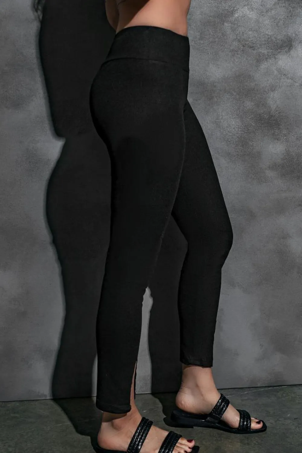 New Dear-Lover Rib Knit High Waist Slit Leggings Black