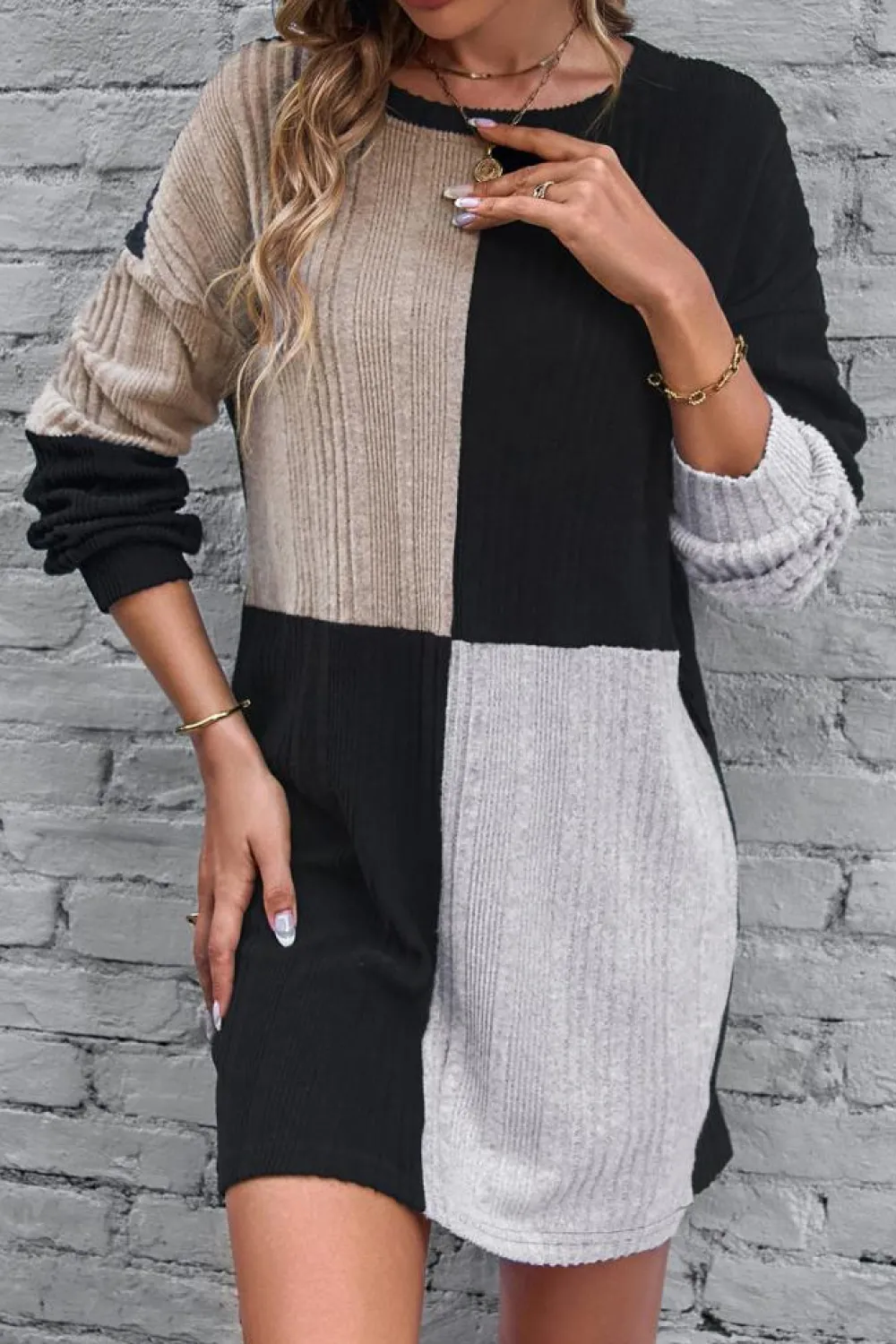 Hot Dear-Lover Ribbed Color Block Drop Shoulder Long Sleeve Mini Dress Black