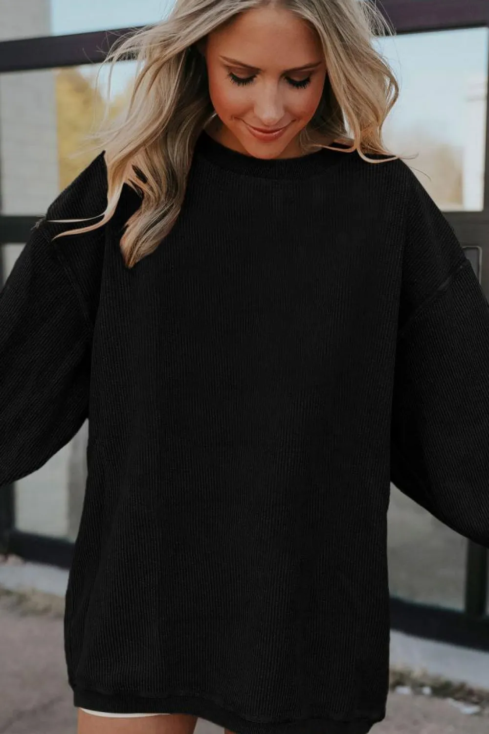 Sale Dear-Lover Ribbed Corduroy Oversized Sweatshirt Black