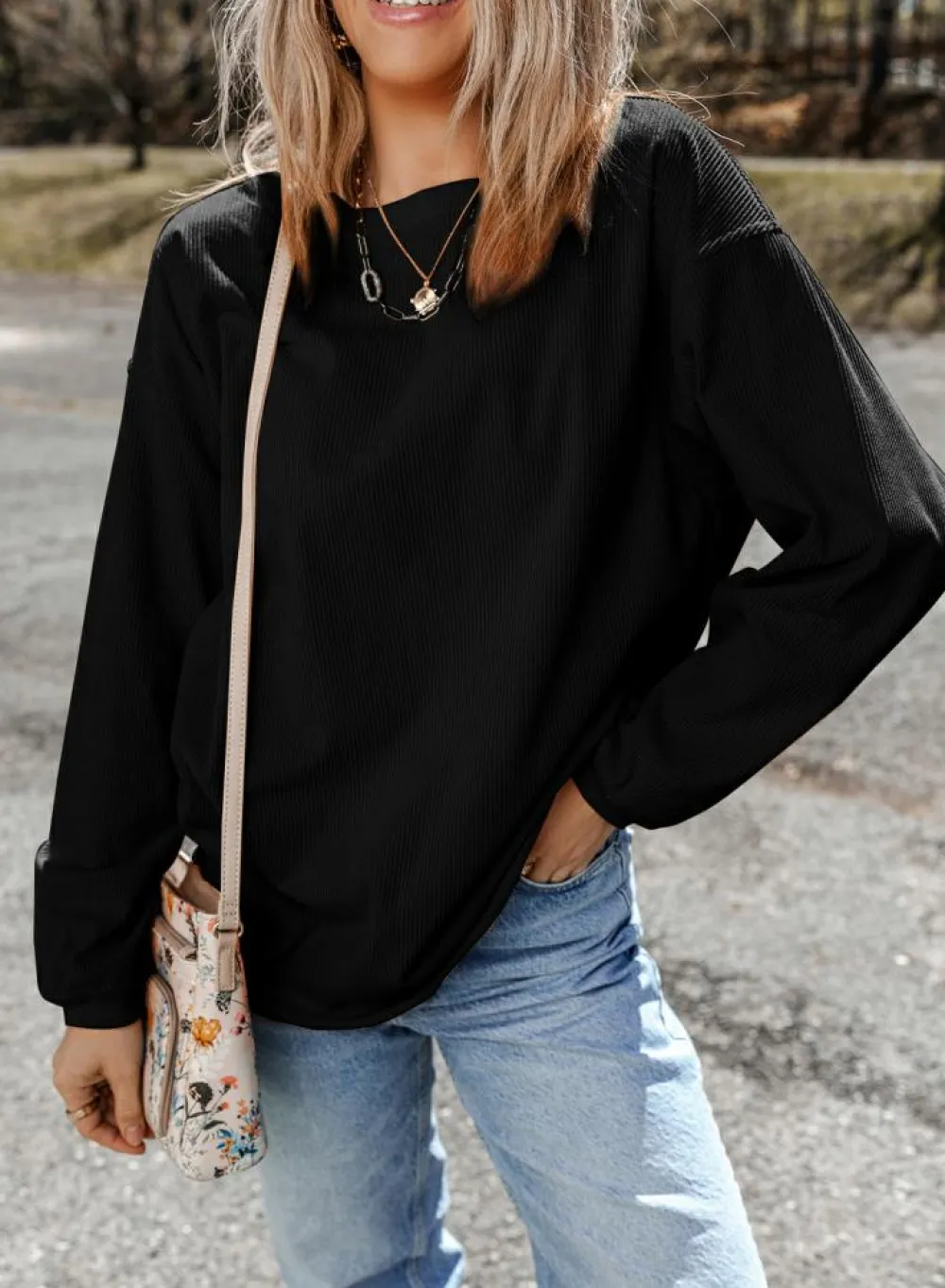 Sale Dear-Lover Ribbed Corduroy Oversized Sweatshirt Black